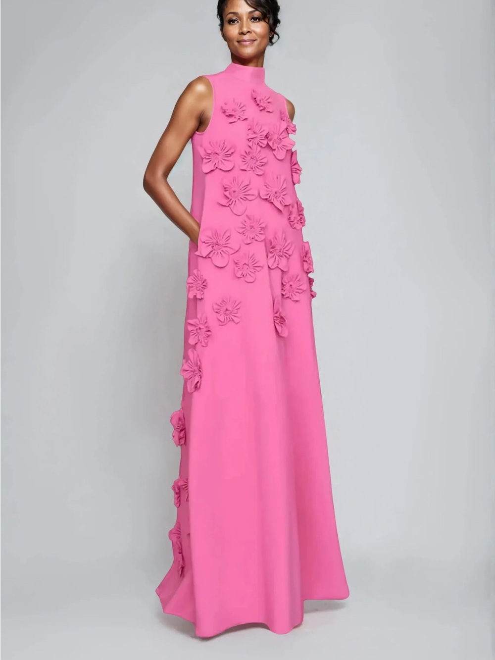Sleeveless Pink Floral Appliqué Maxi Dress